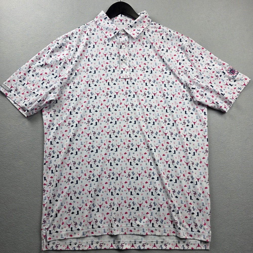 Straight Down Mens‎ Performance Golf Polo Shirt Medium White Pink Western Print
